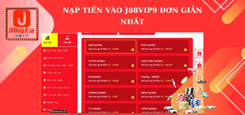 Nạp tiền vào tài khoản j88vip9